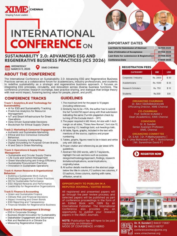 International Conference on Sustainability 2.0: Advancing ESG and Regenerative Business Practises (ICS 2026)